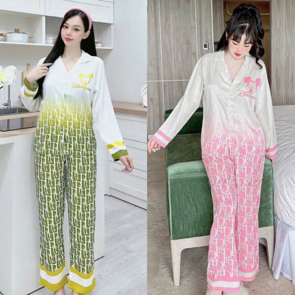 (40-60kg và 60-75kg) Đồ Bộ Pizama Dành Cho Nữ, Chất Vải Lụa Xước Mềm, Thoáng Mát, Tay Dài Tay Ngắn Quần Dài, In Họa Tiết Chuột Loang Bốn Màu Dài Tay Nhung