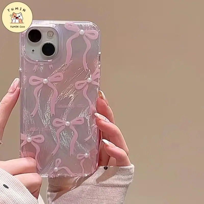 Sarung Ikat Mutiara Mewah Manis Lucu Untuk Perempuan Kompatibel Untuk IPhone 11 7Plus XR 11 13 15 14 12 Pro Max 8Plus X XS MAX 15 6S 6 Plus SE 2022 Sarung Lembut TPU Benang Bulu 7