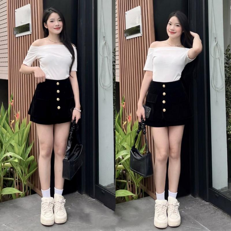  Quần Short Nhung nữ cạp cao Chun Sau vải Nhung Đen mịn mẫu mới Quần Đùi nhung kiểu dáng giả váy mặc đi chơi ở nhà Women 