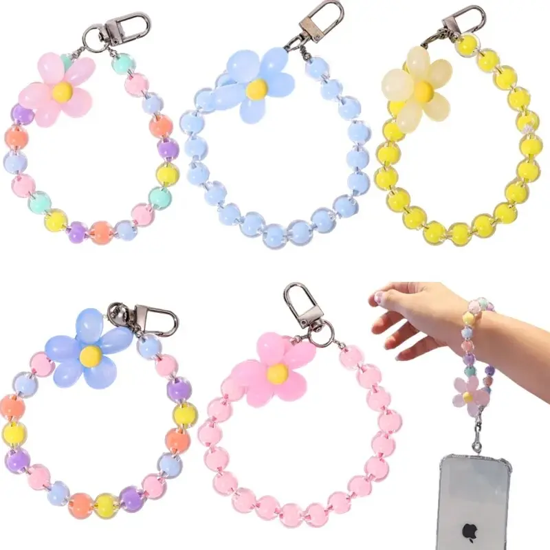 Colourfull Lanyard Strap Accessories Korean Style Hot New Spring Flower Pink Tulip Mobile Phone Case Chain Anti-Lost Soft Pottery Lanyard Pearl Acrylic Bead Colorful Portable Wrist Strap Rope Pendant y2k bracelets 3