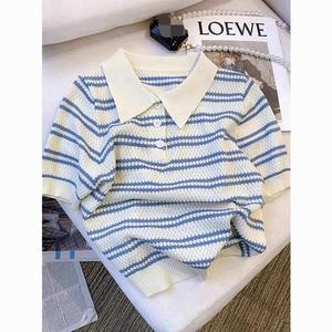 Korean Style Striped Contrast Color Knitted Short Sleeve T-shirt Women Summer Polo Collar loose Casual Ice Silk Thin Tops