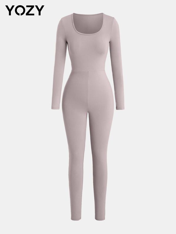 YOZY Waist-hugging Jumpsuit, Casual Minimalist Breathable Slim Long Sleeve Square Neck Bodycon Jumpsuit, 2024 Women's Daily Wear for Spring & Autumn 2