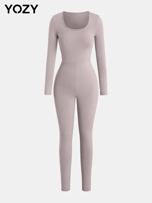 YOZY Waist-hugging Jumpsuit, Casual Minimalist Breathable Slim Long Sleeve Square Neck Bodycon Jumpsuit, 2024 Women's Daily Wear for Spring & Autumn 2
