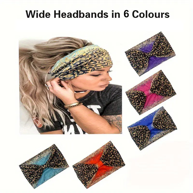 Vintage Women Leopard Print Outdoor Headband Sports Ethnic Style Elastic Wide Running Adjustable Headbands Yoga Sweat Absorption Head Band Bandeau Sport Hair Band Hair Accessories