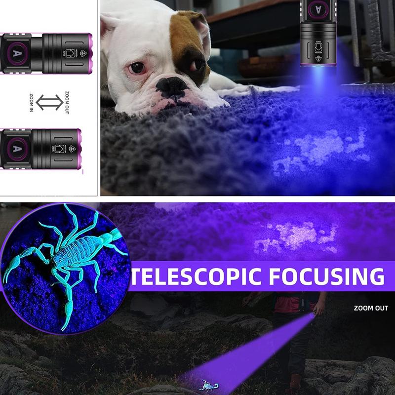 365nm Or 395nm UV Flashlight Zoom 5W Type C USB Rechargeable Black Light Money Detector Aluminum Alloy USB Charging Uv Torch_voghion.com