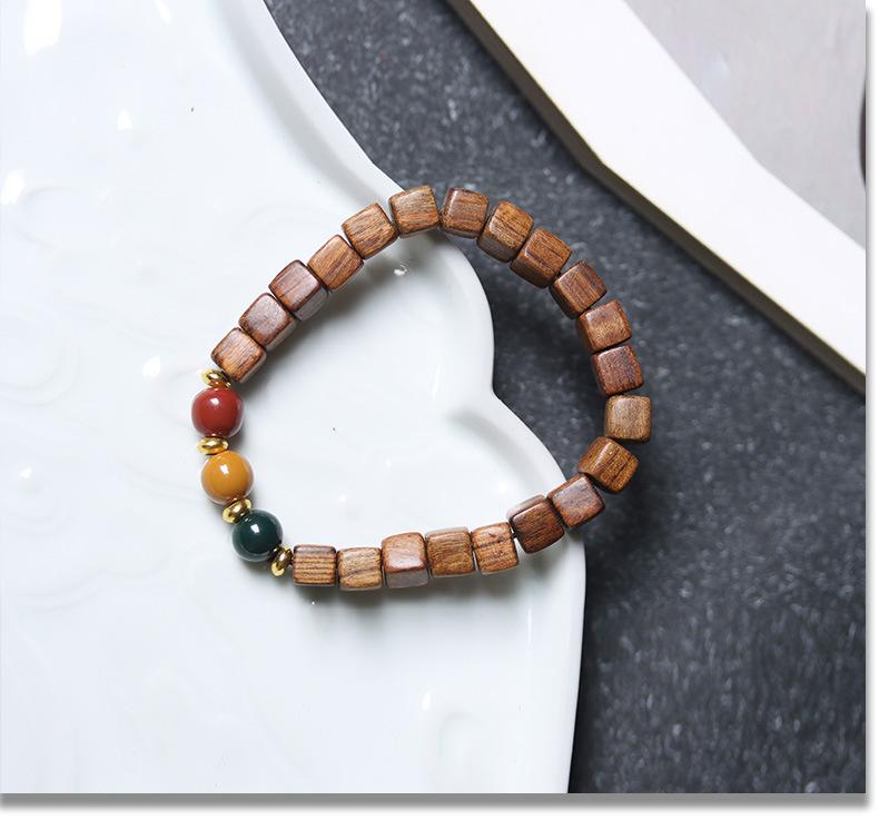 Product Introduction of New Chinese style, black rosewood, sandalwood, sugar cube beads, block beads, bracelet, three-color beads, traffic light pattern, ethnic style, wristband 3
