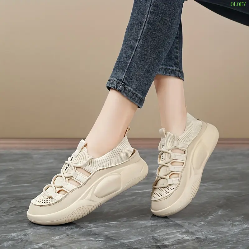 OLOEY Women's Breathable Low-Top Sneakers - Intricate Mesh & Flying Holes Design, Beige Synthetic Cover/Fabric Upper, Lightweight EVA Insole & Durable Rubber Sole for Spring/Summer Casual Shoes, Ladies Sneakers, Summer Footwear, Sporty Look, Comfortable F 7
