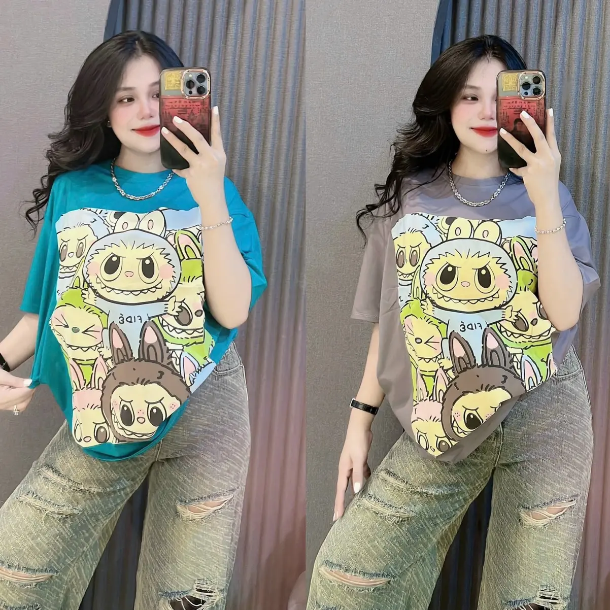 Áo thun nữ Cotton Thái mềm Phom Rộng cổ tròn tay ngắn phối hình Labubu (M : LBB 157 phom rộng) Top Women