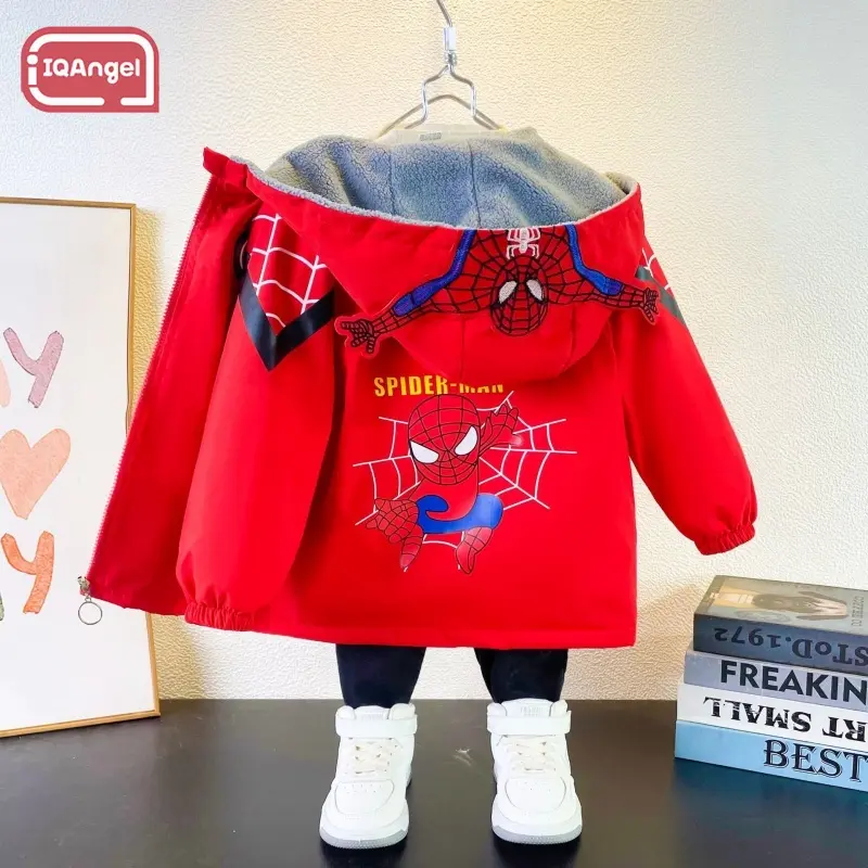 IQANGEL Children's jackets, boys' and girls' cotton coats, cartoon superhero Spider Man hooded jacket, thick and plush cotton jacket, soft, cold resistant and warm.