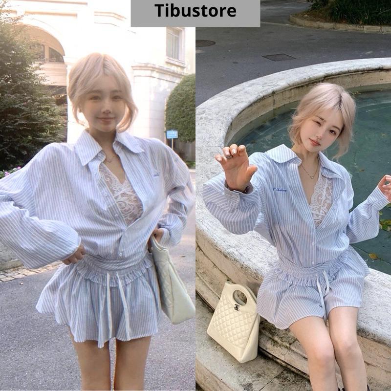  Set Áo Sơ Mi Kẻ Sọc Xanh Phối Chân Váy Xoè Viền Bèo TIBU Set Đồ Nữ Tiểu Thư Tôn Dáng Đi Học Đi Chơi Sang Chảnh 25 