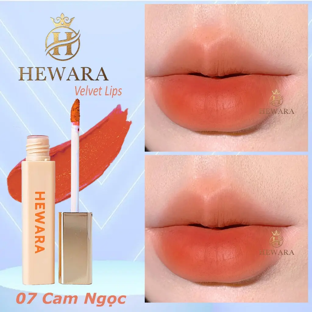 Son Kem Lì HEWARA Velvet Lips chất nhung mịn, mềm môi, bền màu, hàng chính hãng, màu CAM NGỌC