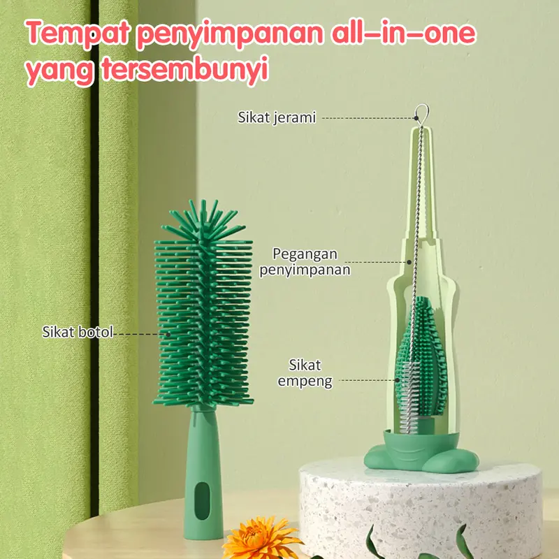 BAMBINO Sikat Botol 3 in 1 Silicone Bayi Silikon BPA Free Dapat Berputar 360 Biru Bottle Merah Pembersih Pembersih 2