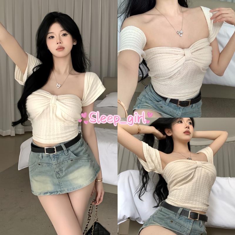 Áo Croptop Nơ Ngực Chất Len Xốp Cổ Vuông Xinh Xắn Mặc 2 Kiểu Sang Chảnh Nữ Women