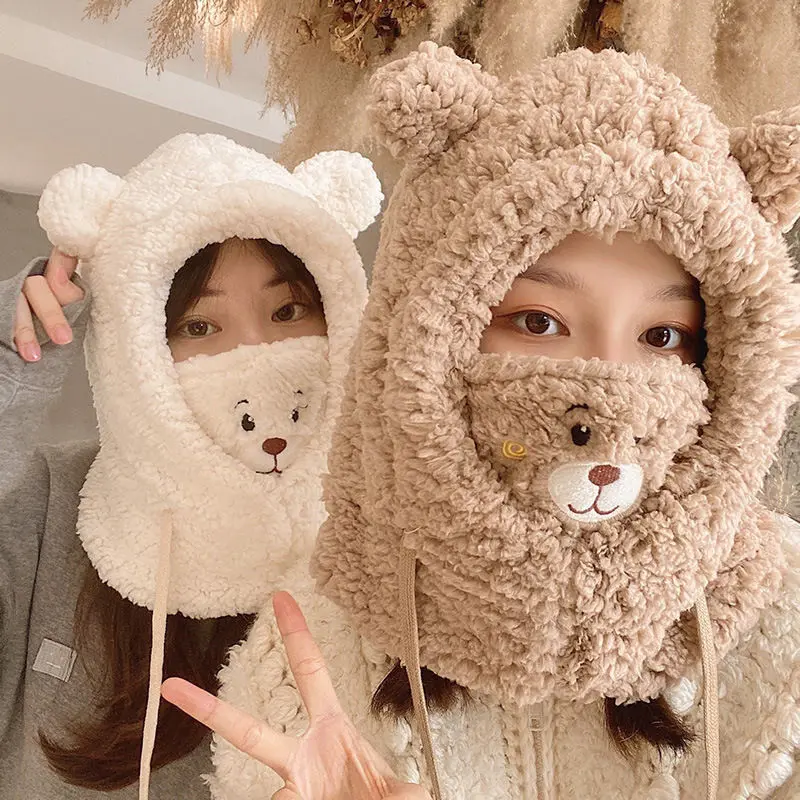 Mũ Len Tai Gấu Dễ Thương Mới, Mũ Mùa Đông Ấm Áp, Mũ Sang Trọng Thường Ngày, Mũ Lông Cừu Màu Trơn Cho Bé Gái