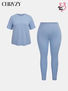 CURVZY Plus Size Solid Round Neck Tee & Trousers, Casual Short Sleeve T-shirt & Pants for Daily Wear, Women's Two-piece Set for All Seasons