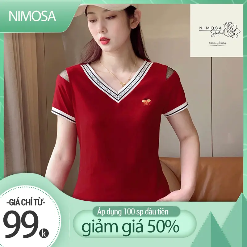 NIMOSA - Áo Thun Nữ Cổ Tim | Áo Phông Kiểu Trung Niên,Phong Cách Đơn Giản, Sang Trọng,Lịch Sự
