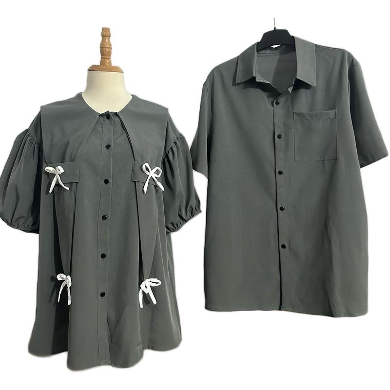 Sss - 22 Set đồ đôi nam nữ couple áo sơmi babydoll cổ vạt nhọn thuỷ thủ + áo sơmi nam chất sần Menswear Có Cổ M Unisex Kem Shirt