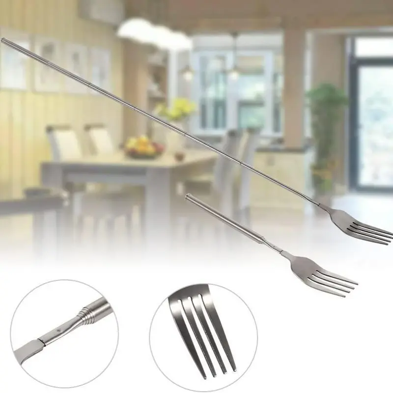 Western Style BBQ Dinner Fruit Dessert Long Handle Forks, 1 Count Stainless Steel Telescopic Fork, Dessert Fork For Home Kitchen, Cutlery & Tableware Supplies 0