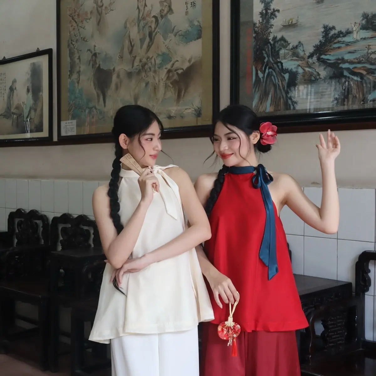 Ciona - set Yếm Mộng Hoa ( quần lụa ) - COA008 Nữ Women yếm cổ phối nơ Top