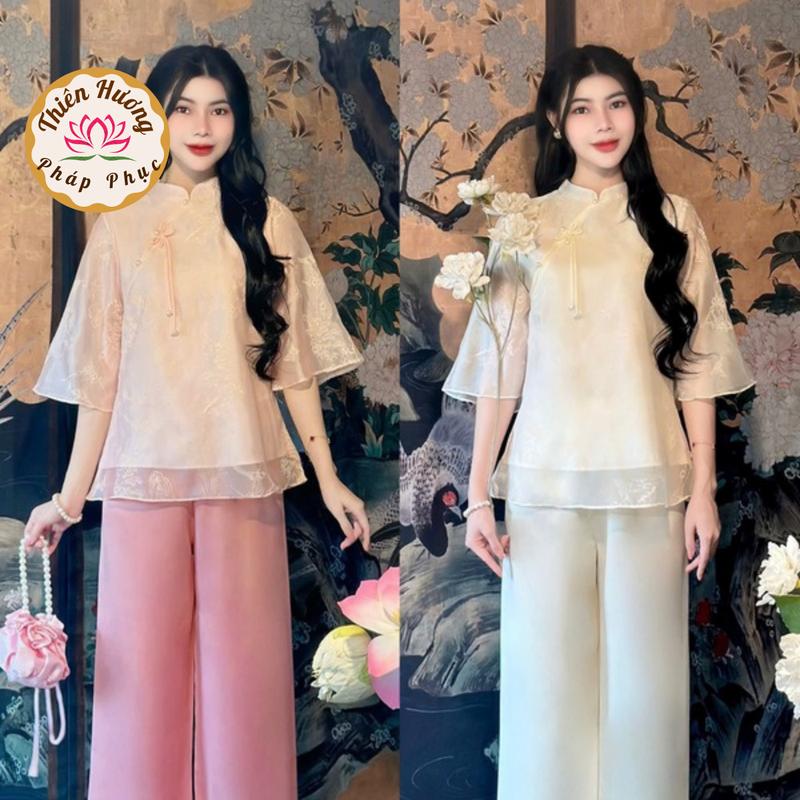 Đồ bộ đi chùa cổ tàu voan tơ hoa nhí tiểu thư Pháp phục đi chùa cách tân tay lỡ Bộ lam đi lễ fom xuông Thanh lịch