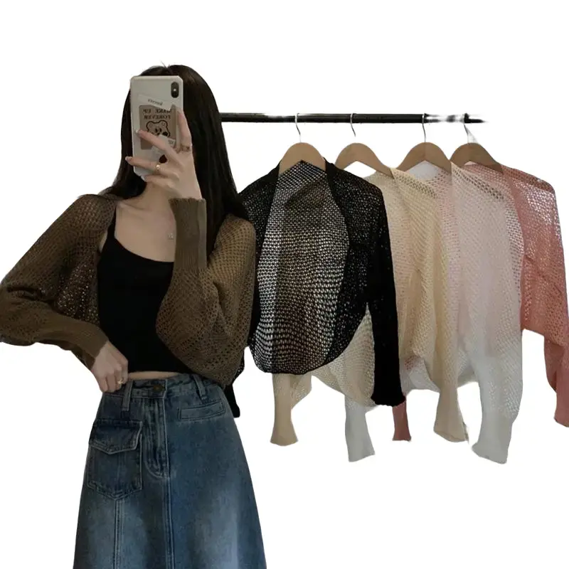 Áo Cardigan Dệt Kim Rỗng Cho Nữ, Áo Chống Nắng Dài Tay Mỏng, Màu Trơn, Thời Trang, Mùa Hè Voi Women Top Nhung