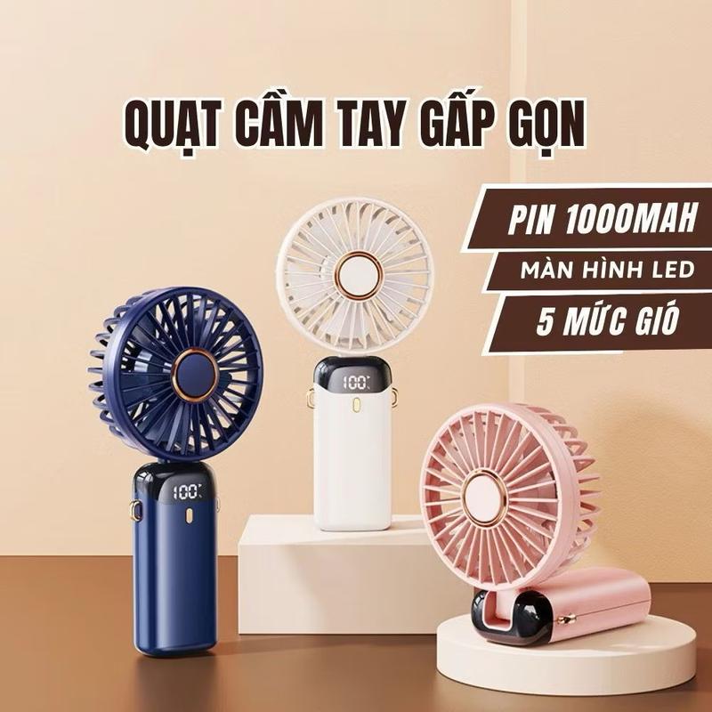 Quạt mini tích điện cầm tay 5 cấp độ, có dây đeo, pin khủng, chân đế để điện thoại, màn hình led, CHUNG SHOP 123