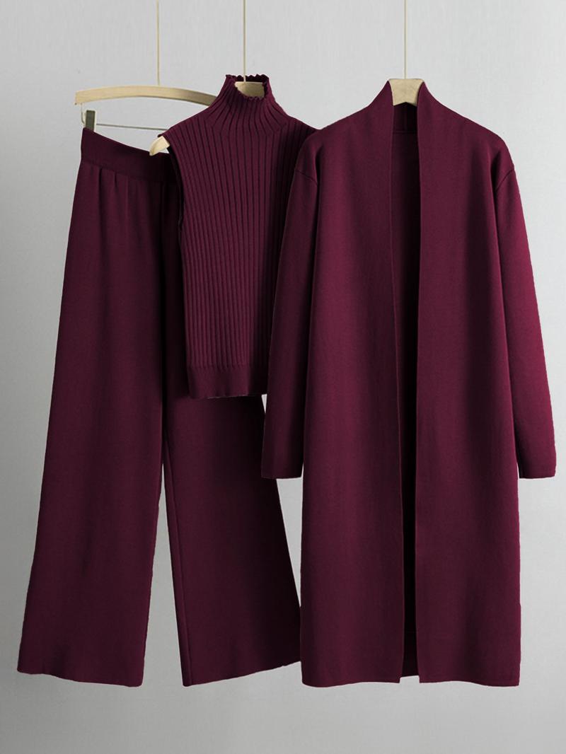 Product Introduction of Three-piece Set Women's Solid Turtle Neck Tank Top & Wide Leg Pants & Open Front Long Cardigan Set, Co Ord Set, Casual Fashion Cozy Three-piece Outfits for Daily Outdoor Wear, Women Lounge Clothes for Fall & Winter, Knitted Co Ord Set 7