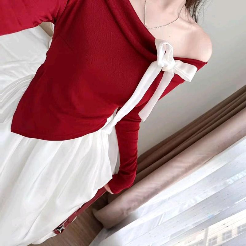 Set áo trễ vai đính nơ tay dài kèm chân váy tơ lụa dáng dài Nữ Voi Kem Women Thun 4