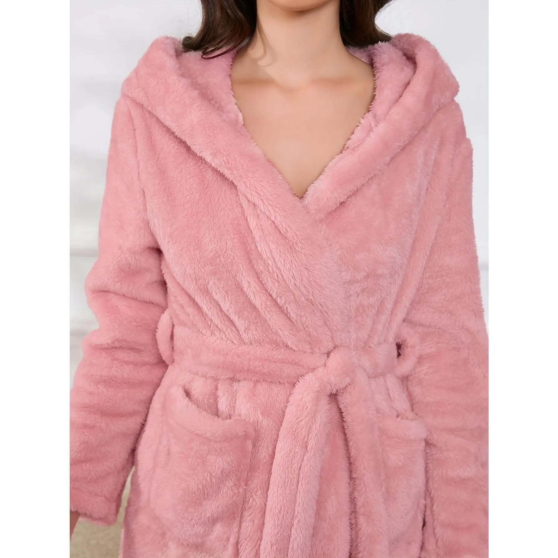 1pc Elegant Plus Size Plush Warm Robe for Women - 100% Polyester Knit Fabric, Solid Color, Hooded Collar, Medium Stretch, Fall/Winter Night Dress