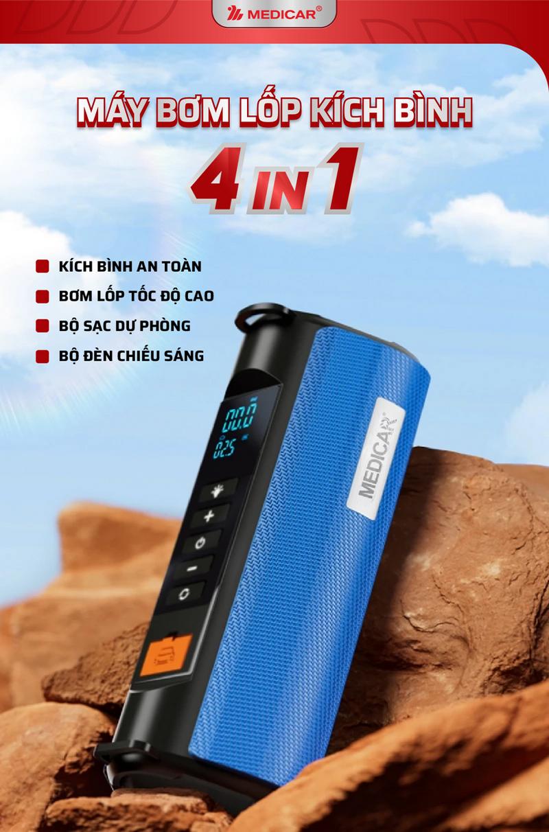 Product Introduction of Máy bơm lốp kích bình 4in1 Medicar - Bơm lốp ô tô tốc độ cao, kích bình xe hơi an toàn, đèn chiếu sáng, sạc dự phòng 1