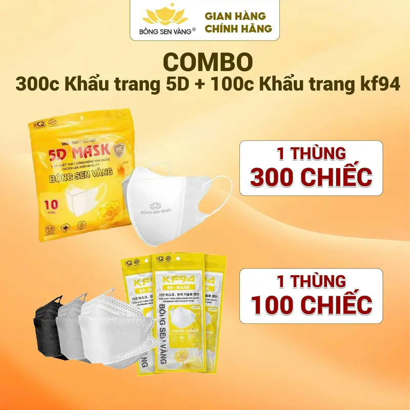 300c 5D tặng 100c KF94 Khẩu Trang Bông Sen Vàng 0