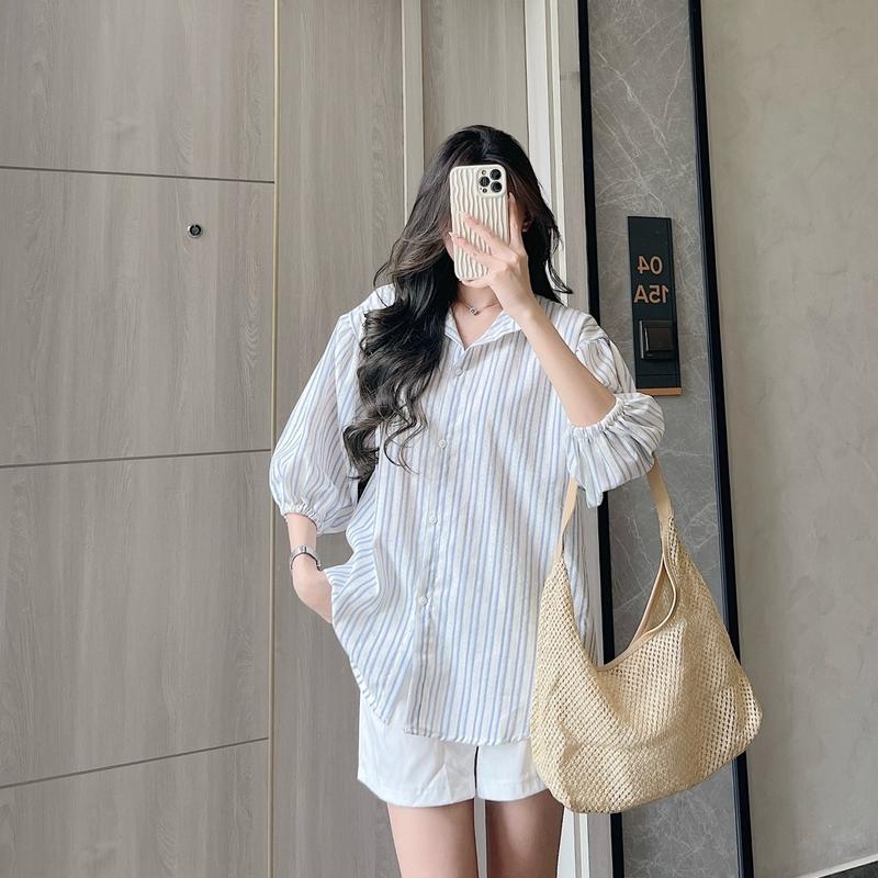 Set/ Lẻ áo / Lẻ quần -  sơ mi liner kẻ cổ tàu tay lỡ kèm short trắng Samhyewear