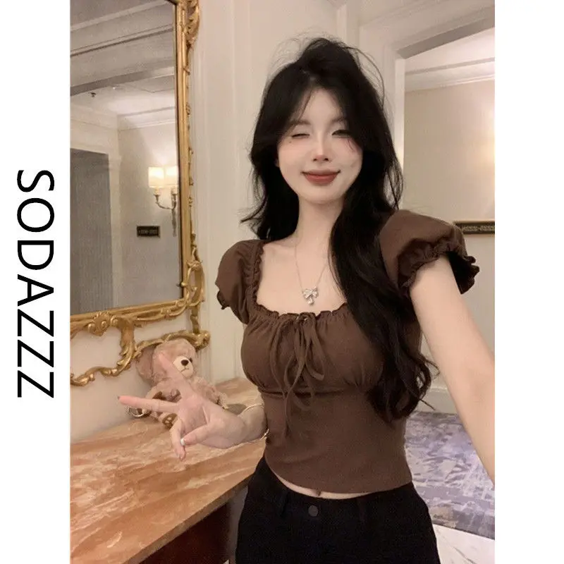 Áo Thun Cổ Vuông, Phong Cách Pháp Cổ Điển Dây Selvedge, Tay Ngắn, Dành Cho Nữ, Hàng Mới Về, Bó Sát, Áo Ngắn, Dáng Ôm, Sodazzz, Áo Nữ Mùa Hè