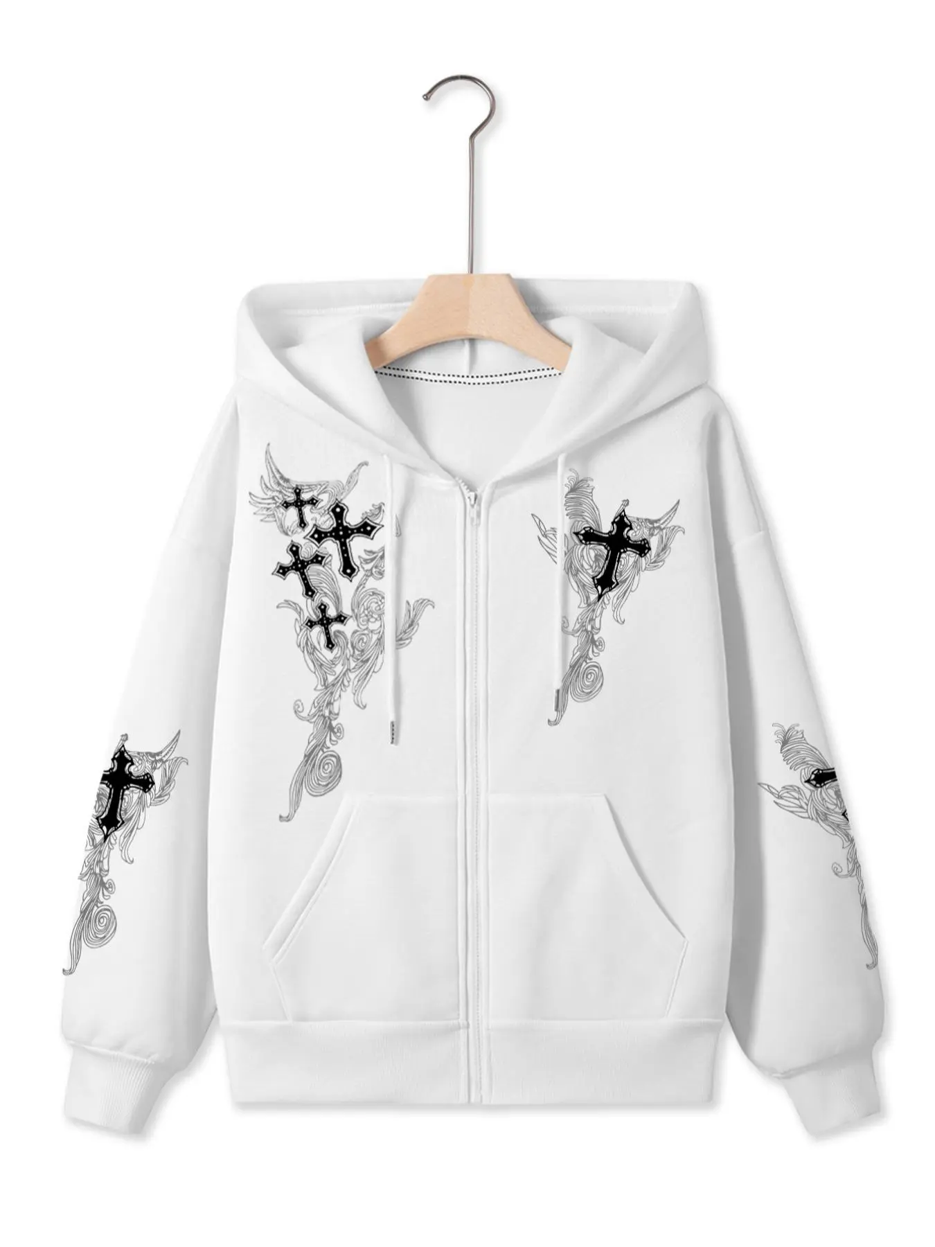 Women's Cross Print Drawstring Pocket Zip Up Hoodie, Fashion Casual Drop Shoulder Hooded Sweatshirt For Daily Outdoor Wear, Ladies Fall & Winter Clothes