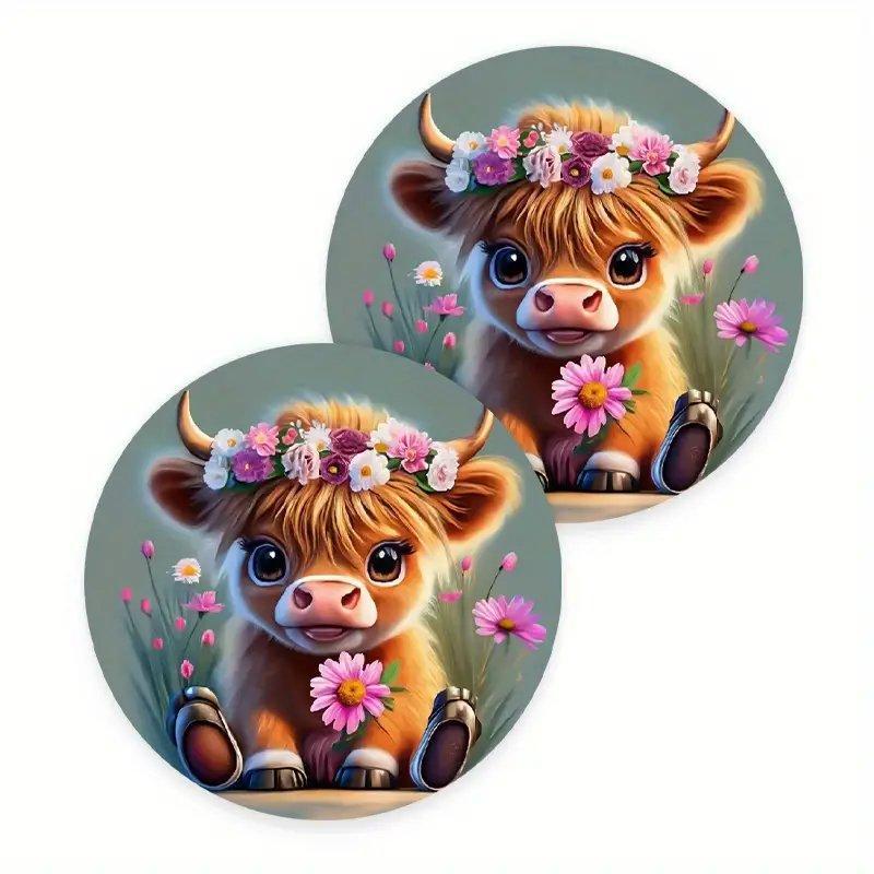 Cartoon Highland Cow Pattern Car Coaster, Round Anti-slip Car Cup Holder Pad, Car Interior Decoration Accessories for Women & Men 0
