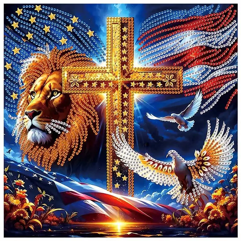 Lion & Eagle & Cross Pattern DIY Diamond Arts Colorful Painting Kit without Frame, 5D Special Shape Diamond Art Crafts Kit for Beginners, Home Decoration