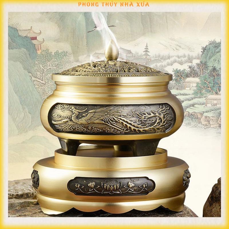 Lư Long Phụng Xum Vầy + Đế Đôn Kê Khắc Liên Hoa Sen Nhà Xưa Xông Trầm Hương Dầu Thơm Phòng Dầu Thơm