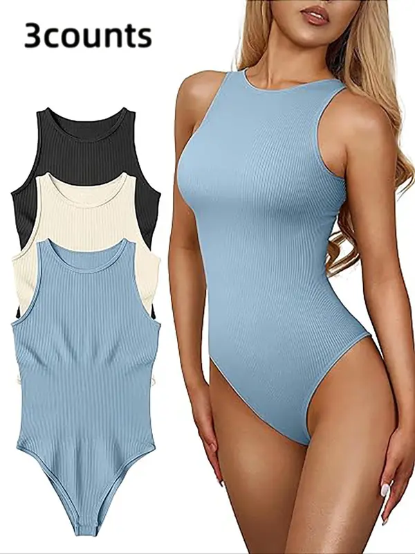 Women's Solid Round Neck Sports Bodysuit, Breathable Comfortable Sleeveless Tank Bodysuit for Yoga Gym Workout, Summer Outfits 2024, Ladies Sportswear for All Seasons 2