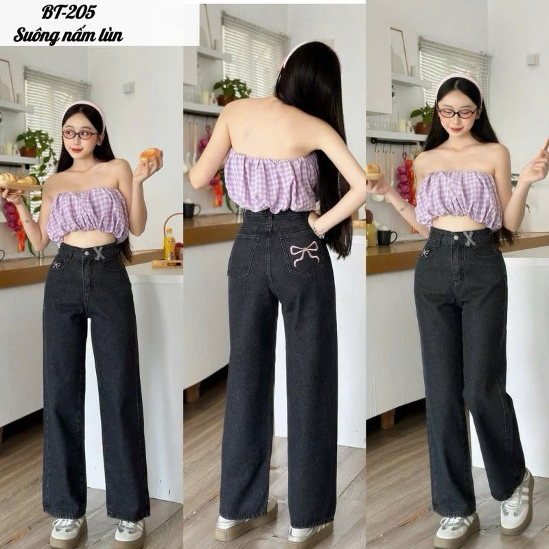 205 QUẦN JEAN SUÔNG NẤM LÙN 9 TẤC (38-69kg)LƯNG CAO THÊU NƠ HỒNG Menswear Jean Pants quạ ne suong theu quần  ống  rộng  jean  thêu  nơ quần  jean  mềm  ống  rộng quần  jean  nơ