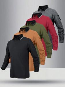 Men's Solid Color Contrast Trim Long Sleeve Polo Shirt, Regular Fit Casual Comfy Top for Golf Tennis, Fashion Men's Clothes for All Seasons