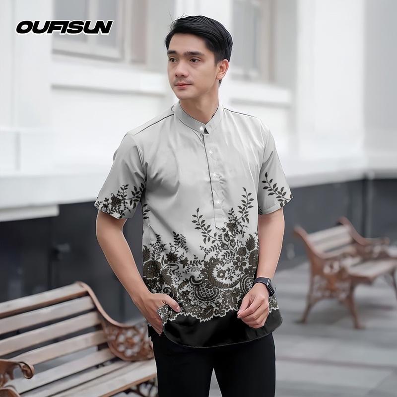 Product Introduction of Koko Kurta Shirt Raya 2025 Ramadan Festival Batik Men's Top Slim Fit 3D Printed Pattern Stand Collar Short Sleeve Henry Shirt Men's Formal Shirt 1