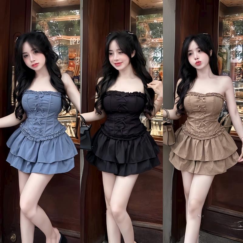 Set váy nữ kaki áo cúp ngực dính nơ mix chân váy xếp tầng [có lót] xinh xắn sang chảnh dành cho các nàng diện di chơi,di tiệc. Women Top