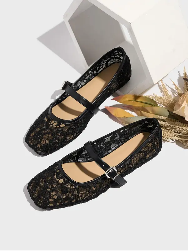 Women's Fashionable Lace Mary Jane Shoes, Casual Comfortable Breathable Flat Shoes for Summer, Female All-match Shoes for Daily Wear, Girl 0