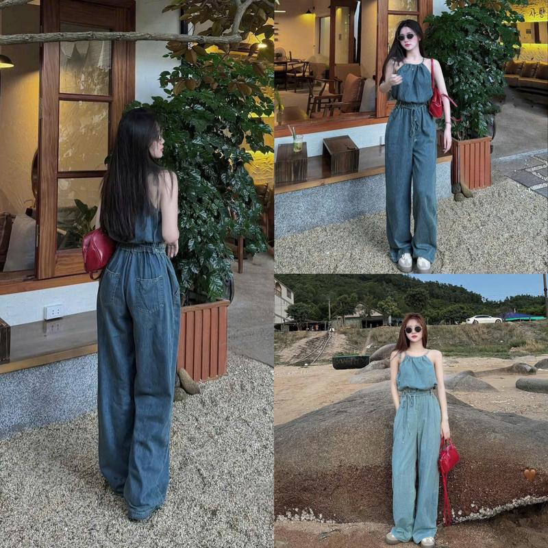 Bộ jumpsuit dài rút dây cổ yếm chất jean sang trọng thích hợp cho bạn gái diện đi chơi 0