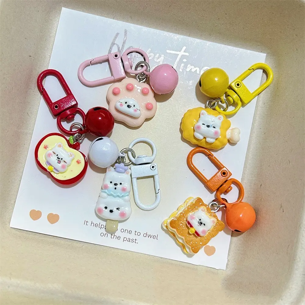 Kawaii Cute Food Keychain Pendant Western Highland Dog Resin Bag Hanging Decoration Colored Bell Couple Car Key Ring Gifts