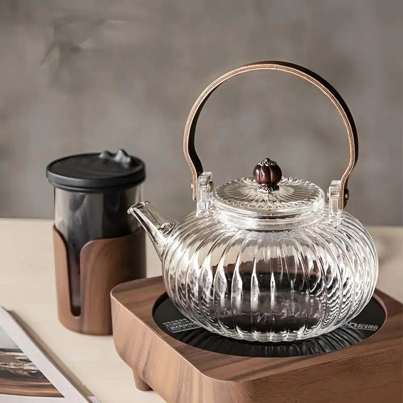 Heat-resistant Glass Teapot with Tea Filter, 1 Count Thickened Glass Tea Pot with Wooden Handle, Modern Home Kitchen Supplies
