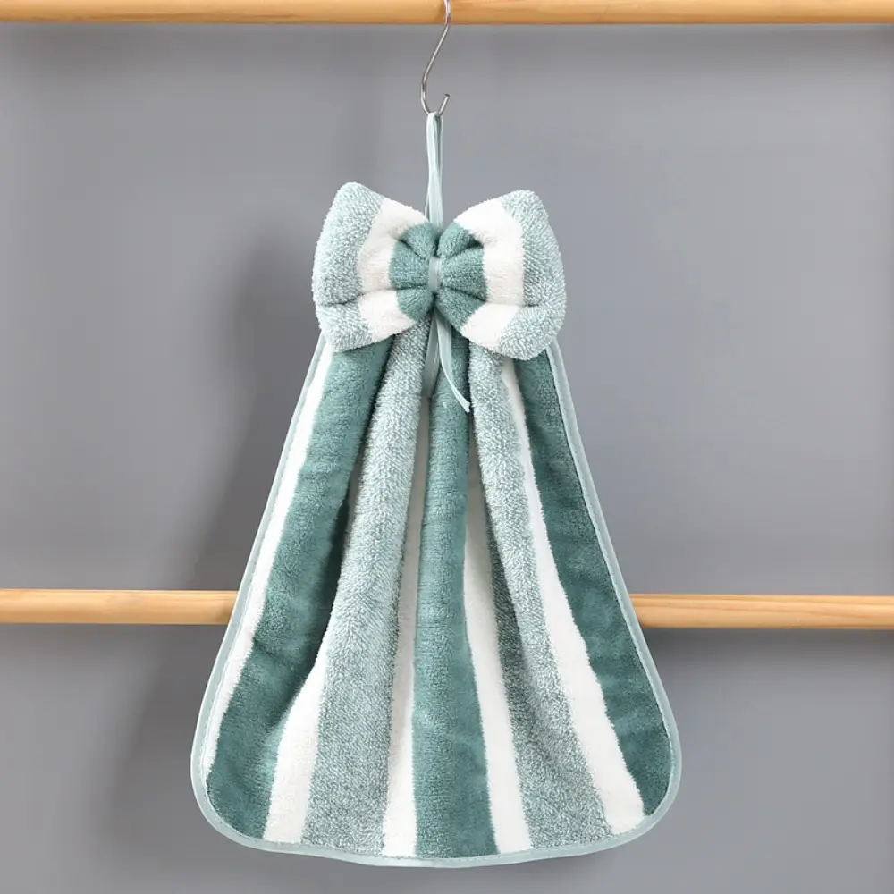 Kitchen Tools Super Absorbent Bowknot Hand Towel Soft Striped Absorbent Hanging Cloth Perfect Coral Velvet Quick Dry Handkerchiefs Home Cleaning Fleece Wipe Hangable