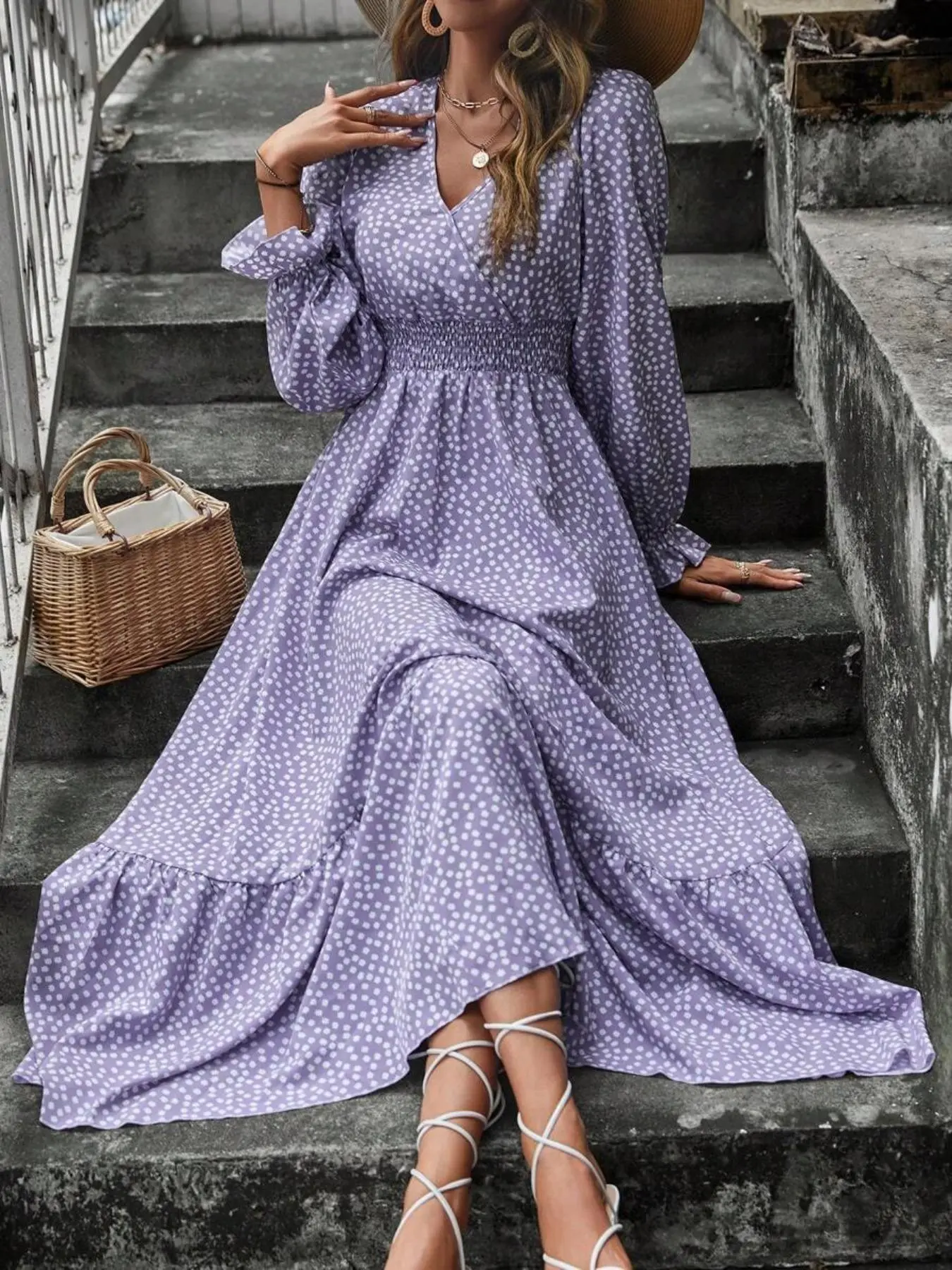 Women's All Over Print Long Sleeve Dress, Fashion Casual V Neck Long Dress for Daily Holiday Vacation Wear, Ladies Dress for Spring