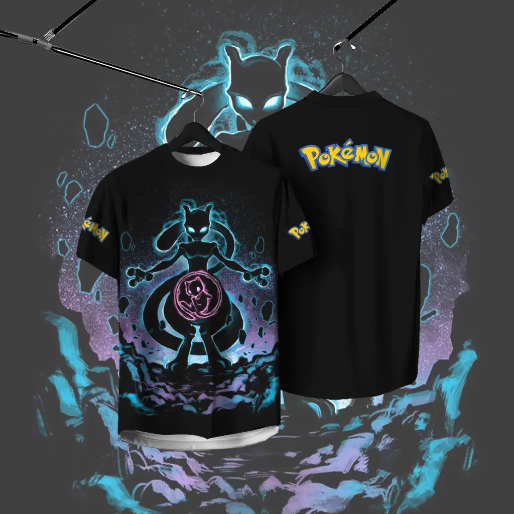 2025 New Pokémon Print Design Chrysanthemum Leaf Evolution Mewtwo and Mew Quick Drying Fully Sublimated Microfiber Sports Short Sleeve T-Shirt