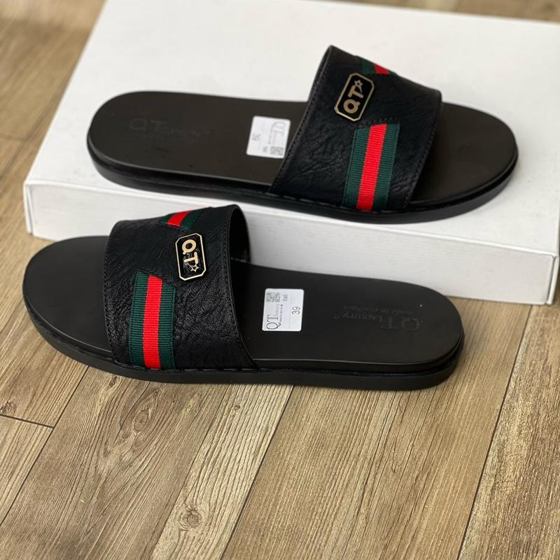 Dép Lê [khâu quai có hộp 02]dép da quai ngang sọc đỏ gắn logo ,  khâu quai ,cao 2cm chất liệu da sít DéP Slipper Nam Đế Bằng Cao Su